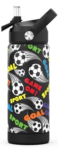 ntskood Boys Soccer Water Bottle for School，Kids 18 oz Insulated Stainless Steel Cup with Straw, Double-Wall Vacuum Leakproof