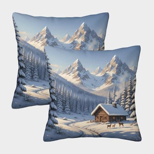 Snowy Cabin Organic Cotton Winter Mountain LandscapePillow Slip Set of 2 Kids Toddler Hypoallergenic Double Bed UK Standard Size Eco-friendly No Pilling No Fade 40x40cm