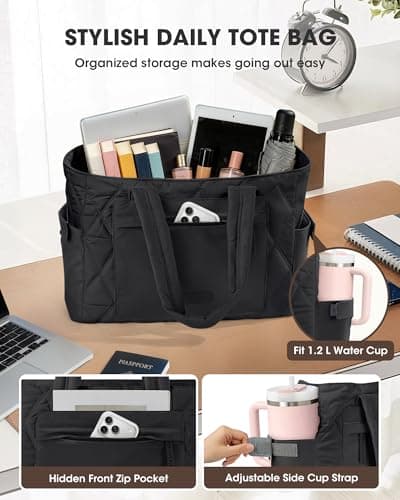 RAINSMORE 15.6 Inch Puffer Laptop Tote Bag for Women Large Quilted Cloud Bag with 15 Pockets and Luggage Sleeve Lightweight Water-Resistant Work Handbag for Teacher, Travel, Gym, School Black — view 2