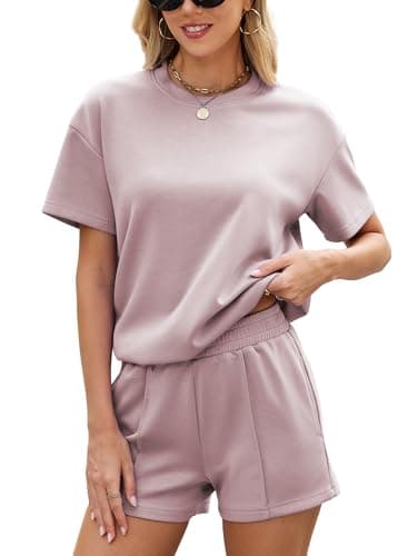 Famulily Ladies Lounge Wear Sets UK Short Sleeve 2 Piece Outfits Travel Tracksuit Oversized T-Shirt Summer Shorts with Pockets (L, Purple)