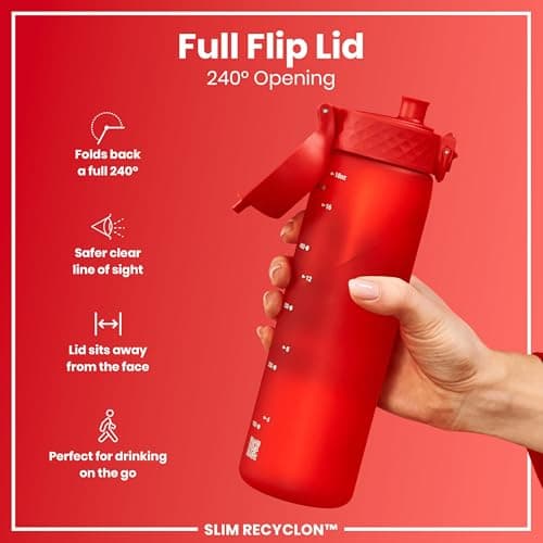 Ion8 Water Bottle, 500 ml/18 oz, Leak Proof, Easy to Open, Secure Lock, Dishwasher Safe, BPA Free, Hygienic Flip Cover, Carry Handle, Fits Cup Holders, Easy Clean, Carbon Neutral, Red — view 4