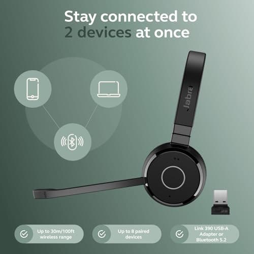 Jabra Evolve 65 TE (3rd Edition 2025) Wireless Bluetooth Stereo Headset with Mic, Connect to Two Devices, 16h Battery, Noise-Cancelling Microphone, USB-A Adapter, MS Teams Certified, Black — view 5