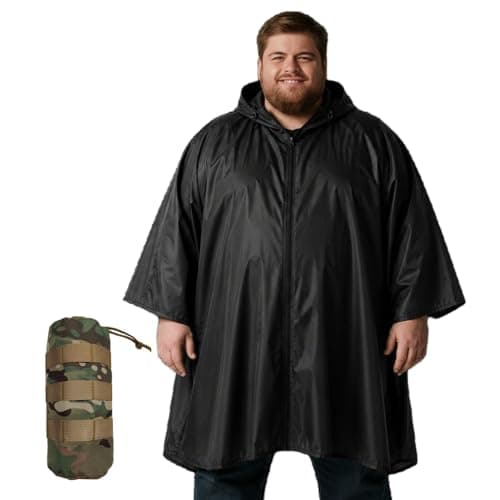 Nomadnia Plus Size Adult Rain Poncho with Hood and Zipper, Poncho Para Lluvia, Tactical Ponchos Adult For Camping, Hiking, Fishing, Travel and Outdoors. Easy to Pack. Black