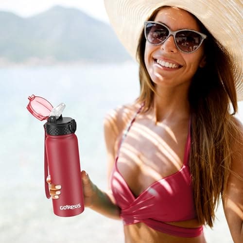 GOPPUS 600ml/20oz Stainless Water Bottle with Straw Double Wall Insulated Bottles with Strap One Hand Open Vacuum Thermal Flask with Flip Top Lid Leakproof Keep Cold Drinks BPA Free (Red) — view 6