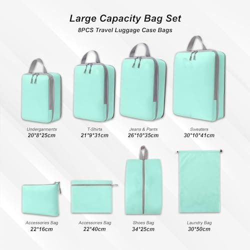 White Hawk 8-Pcs Compression Packing Cubes for Suitcases – Waterproof Diamond Polyester, No Mesh, Space-Saving Luggage Organiser, Travel Bags for Suitcases, Backpacks & Carry-Ons (Aqua) — view 3