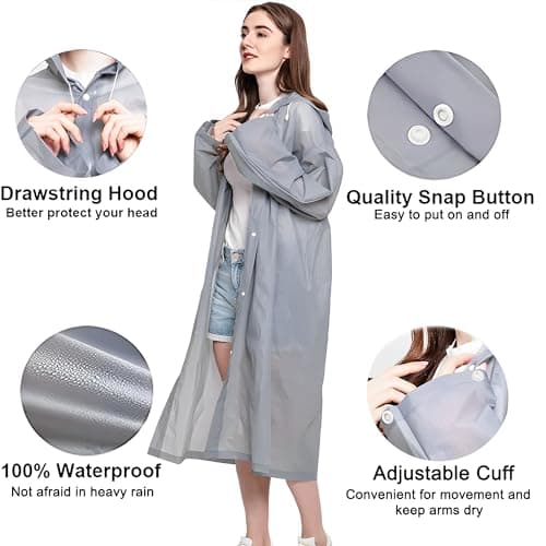 Cosowe Rain Poncho Raincoats for Adults, 2 Pack Reusable Rain Jacket Rainwear with Hoods and Sleeves, Waterproof for Emergency, Outdoors, Camping, Disney, Grey — view 3