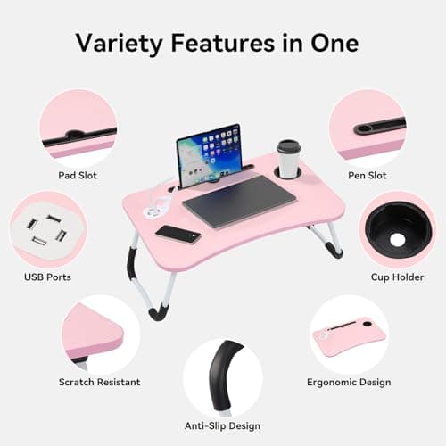 Foldable Laptop Table with USB Ports, Drawer, Cup Holder&Tablet Slot, Pink — view 3