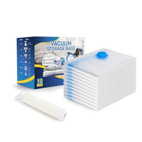 Vacuum Storage Bags for Clothes, Bedding, Duvets and Blankets, Heavy-Duty Space Saver Compression Bags with Airtight Double-Zip Seal, Leak-Proof Reusable Design, Hand Pump Included (10 Jumbo-100x70cm)