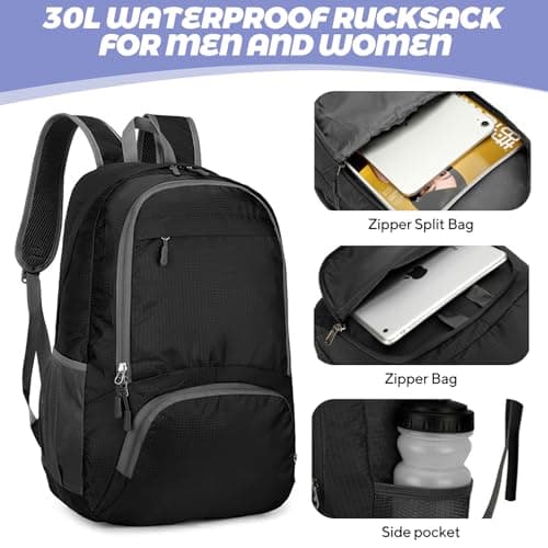 Foldable Backpack Lightweight - 30L Waterproof Small Rucksack Packable Daypack for Travelling, Durable Ultralight Packable Practical Gifts Walking Backpack for Women Men Outdoor Camping (Large) — view 4
