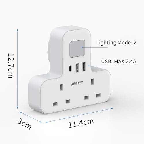 Double Plug Adaptor with USB (1USB-C), MSCIEN Plug Extension Socket Extender with Night Light Multi Plug Adapter, White Plug Adaptor, Wall Socket UK Power Strip for Home, Office — view 6