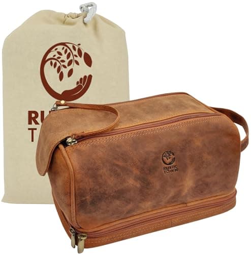 Mens Leather Toiletry Bag - Travel Wash Bag Large Bathroom Gym Toiletries Organizer Shower Makeup Bag by Rustic Town (Brown)