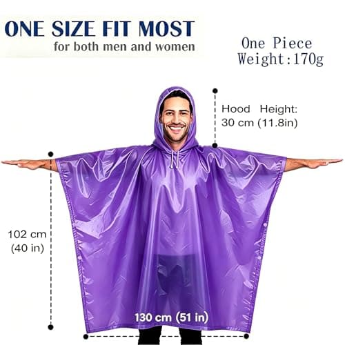 Rain Ponchos for Adults, Emergency Use, 2 Pack, Reusable, Hooded, Purple — view 2