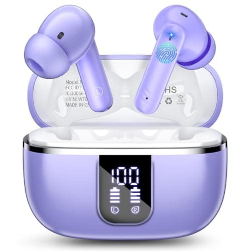 Wireless Earbuds, Bluetooth 5.4 Headphones with 4 Noise Cancelling Mic, 46H In-Ear Buds with 3D Bass Stereo Sound, Small Ears, LED Display, Calls Sports Workout, IPX7 Earphones for Android iOS. Purple