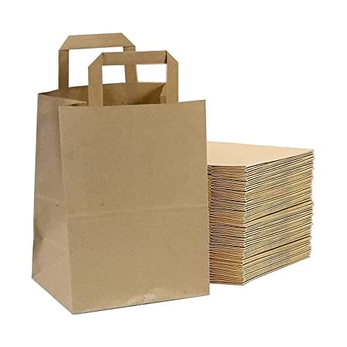 Tezraftaar® 100 x Paper Bags with Flat Handle 18cm x 23cm x 9cm (Small) Brown Kraft Carrier Bags for Carry Cloths Shopping Parties
