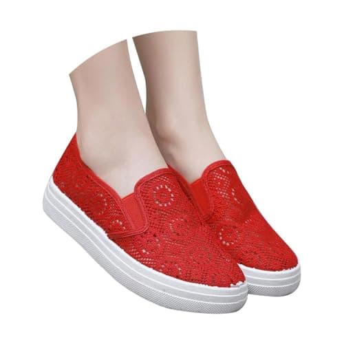 Womens Slip On Mesh Casual Shoes Summer Breathable Platform Low Top Flat Walking Shoes Lightweight Non Slip Comfort Fashion Hands-Free Trainers Outdoor Beach Travel Ladies Footwear Red — view 2