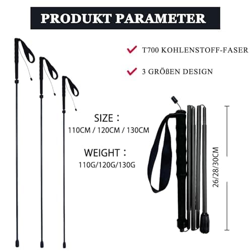 OKHEALING Trekking Poles 【ultralight 】Carbon Fiber 5 Sections, Set of 2, Hiking Poles Mountaineering Equipment Walk Cap Moisture Wicking with Storage Bag,Unisex (110cm) — view 5