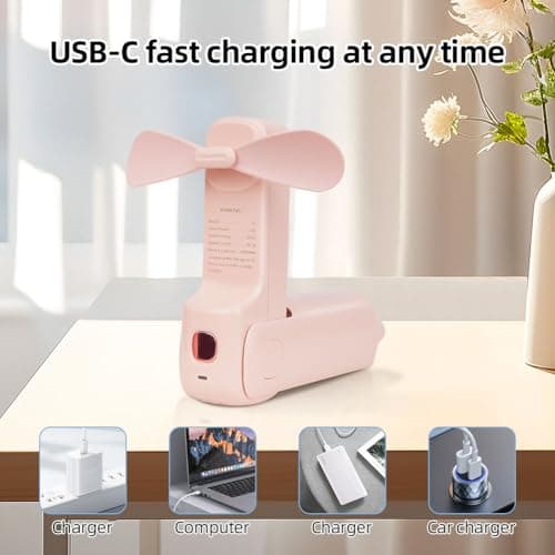 AUAUY Portable Handheld Fan, USB Rechargeable Foldable Fan, Pink — view 4
