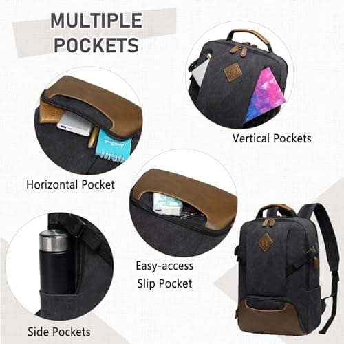 Kasgo Backpack for Mens, Vintage 15.6 inch Laptop Rucksack Bag USB Charging Anti-theft Canvas Backpack Casual Daypack School Bag for Women Teens Travel Work Hiking Camping Business, Black — view 3