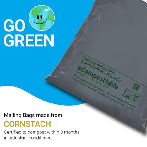 100x Eco-Friendly Mailing Bags Compostable Parcel Bags - Assorted Sizes (Small to Large) - Zero Waste Shipping Bags - Corn Starch Grey Postage Packaging for Vinted, eBay, Small Businesses — view 3