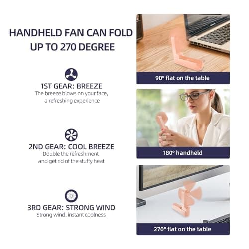 Jsdoin Hand Held Fan, Portable Handheld Fan with 3 Speeds, USB Rechargeable Foldable Travel Fan with Power Bank Desktop Fans with Lanyard for Home Travel Office Outdoor (Pink) — view 2