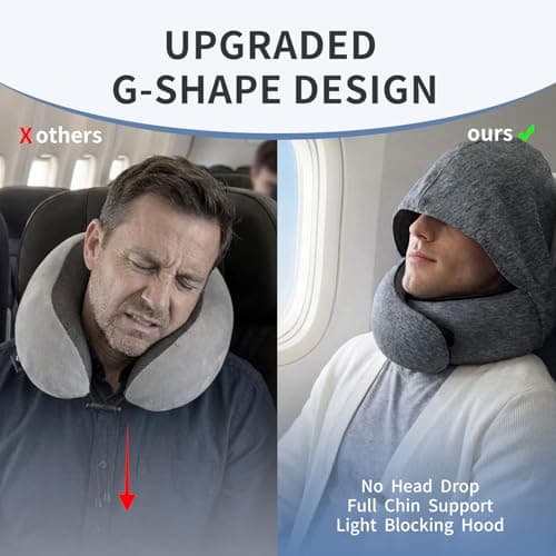 Cilnos Travel Pillow with Light Blocking Hood, Memory Foam Neck Pillow with 360° Ergonomic Support, Hooded Flight Pillow for Plane, Car & Home, Travel Neck Pillow for Adults & Kids (Dark Gray) — view 2