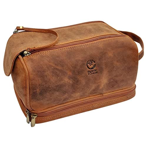 Mens Leather Toiletry Bag - Travel Wash Bag Large Bathroom Gym Toiletries Organizer Shower Makeup Bag by Rustic Town (Brown) — view 4