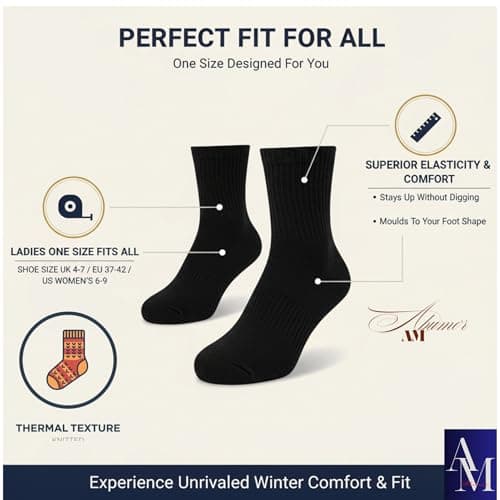 ABUMOR® 3Pairs Winter Thermals Ladies Thermal Socks, Black, Size 4-7, Cold Weather Protection -25°C, 8 Pack (4-7 BLK 3P) — view 5