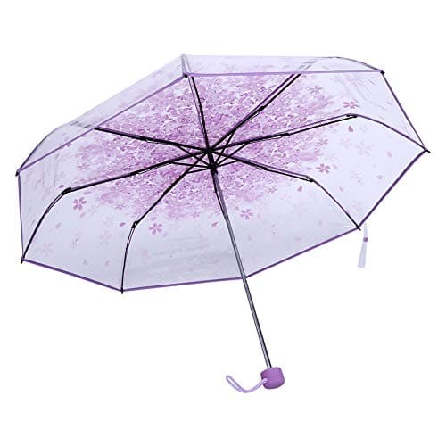 ZAWELIYO Transparent Folding Umbrella with Cherry Blossom Print, Compact Manual Open Rain Umbrella for Women Girls, Lightweight Windproof (Light Purple) — view 2