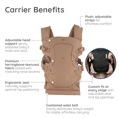 Infantino Flip Luxe 4-in-1 Convertible Baby Carrier, Ergonomic Infant to Toddler Carrier, Updated Lumbar Support, Premium Herringbone Fabric, Elevated Accents, Hands-Free Comfort, 3,2-16kg, Affogato — view 3