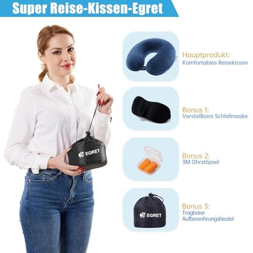 EGRET Memory Foam Travel Neck Pillow - Ergonomic Neck Pillow for Airplane, Car & Office - Lightweight & Compact with Storage Bag, Sleep Mask & Earplugs (Navy Blue) — view 4