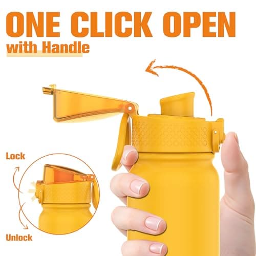 GOPPUS 600ml/20oz Insulated Water Bottle with Spout Lid (No Straw) Leakproof Stainless Steel Sports Bottle with One Hand Open Lid Double Wall Flask with Handle Keeps Drinks Cold BPA Free (Yellow) — view 3
