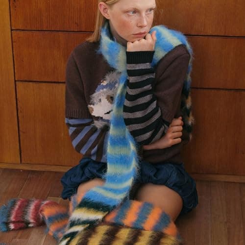 BABIBAOBEI Color Blocking Stripe Knit Scarf Soft Knitting Fabric Neckerchief Lightweight Unisex Winter Accessory for Family Travel Lightweight Travel Friendly Scarf — view 6