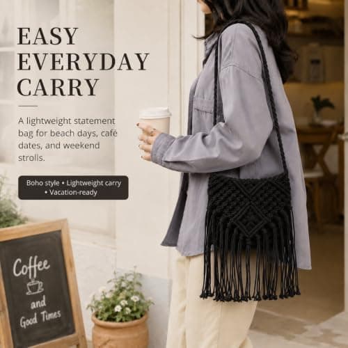 Fjquamitix Straw Cross Body Bag Women Boho Macrame Handmade Crochet Bag With Zipper Closure Fringe Shoulder Beach Purse Summer Handbags Travel Vacation Daily Use (Black) — view 6