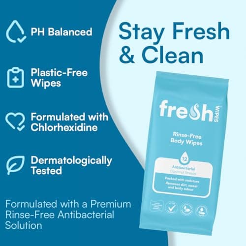 FreshWipes Antibacterial Body Wet Wipes For Adults 1 Pack (12 Wipes) - Coconut Breeze - Extra Large Biodegradable - Dermatologically Tested & Suitable for the Elderly or Disabled - Great for Camping — view 3