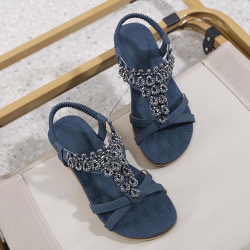 Amissz Women Sandals Flat Shoes Comfort Walking with Non Slip on Casual Summer Beach Sandals Dress Ankle Elastic Open Toe Rhinestone Bohemian Navy blue Size 7 — view 6
