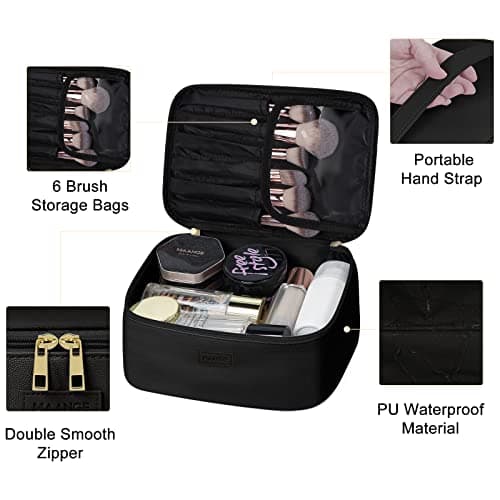 MAANGE 3 Pcs Makeup Bag(L+M+S) Travel Cosmetic Bags with Brush Compartment PU Leather Small Makeup Bag Portable Make Up Bag Versatile Zipper Makeup Pouch for Women, Black — view 4