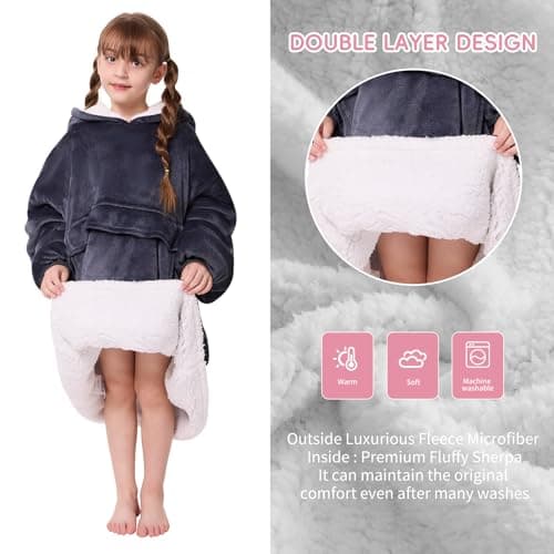 yescool Wearable Blanket Sweatshirt Kids, Oversized Blanket Hoodie with Sherpa for Kids, Youth, Boys, Girls, Portable Warm Travel Pillow, Teen Wearable Blankets, Hand Warmer, One Size, Grey — view 3