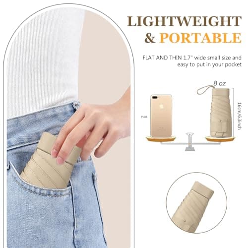 Mini Folding Travel Umbrella, Windproof Strong, UV Protection, 6 Ribs, Pocket Umbrella with Capsule Case for Women, Men, Girls-Beige — view 3