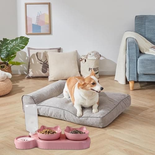 Dog Food Bowls, 15°Tilted Cat Dishes with Automatic Water Dispenser Bottle, Cat Feeding Bowl, 500ml Water Bottle, Pet Dish — view 2