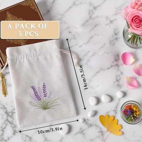 Lavender Bags - ShiningUU 5 Pcs White and Linen Drawstring Lavender Sachets Bags | Cotton Drawstring Fragrance Bag for Wardrobe, Drawer & Car Freshness — view 2