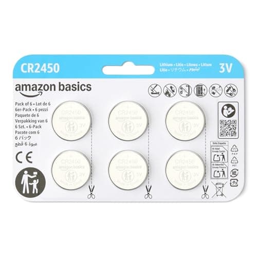 Amazon Basics 6-Pack CR2450 Lithium Coin Cell Battery, 3 V, Long-Lasting Power, Mercury-Free, Child-Safe Package (Use Scissors to Open)