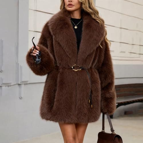 Brown Womens Faux Fur Coat Lapel Belted Warm Winter Jacket with Pockets XXL — view 6