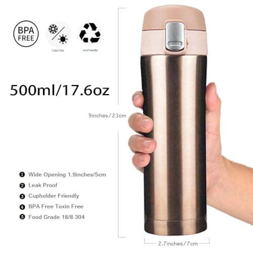 FAPPEN Double Walled Vacuum Flask Thermo, 500ml Stainless Steel Insulated Water Bottle, Flask for Hot and Cold Drinks, Travel Coffee Mug, Sports Water Bottle, Drinks Cup (Gold) — view 2