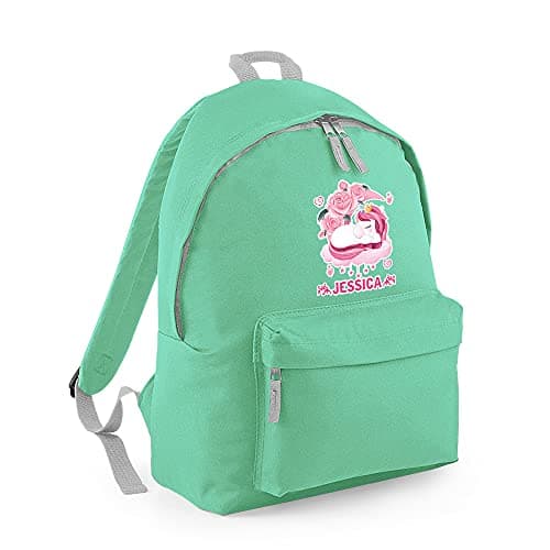 Personalised Floral Unicorn Girl Princess Sleeps Here ANY NAME Girls Kids Birthday Fashion Backpack Back to School Rucksacks Toddler Shoulder Bag Travel Bag. (Mint Light Grey)