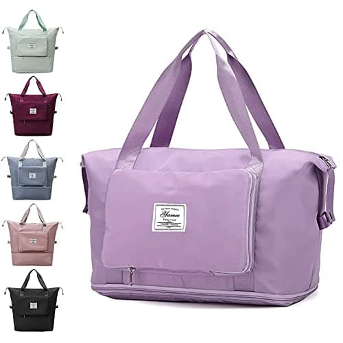 Large Capacity Folding Travel Bag - Lightweight Waterproof Carry On Luggage with Fixed Strap, Dry & Wet Separation - Foldable Travel Duffel Bag for Sports & Gym (Purple)
