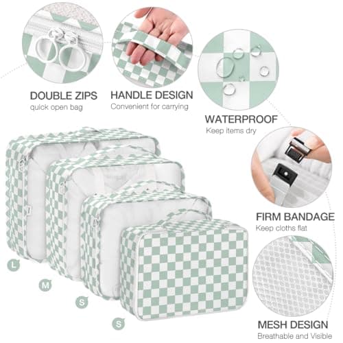 8 Set Packing Cubes for Suitcases,Suitcase Organizer with Shoe,Cosmetics,Clothing, and Accessories Bags for Travel Luggage Organizer Women Men(Green Checkered) — view 3