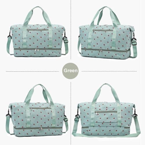 Strawberry Duffel Bag for Girls,Corduroy Gym Bag with Shoe Compartment & Wet Pocket,Cute Travel Bag Weekend Bag Dance Bag for Kids (Green) — view 2