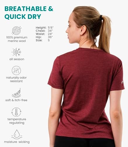 100% Merino Wool T Shirt Women - Merino Wool Base Layer Womens + Socks (Medium, Burgundy) — view 2