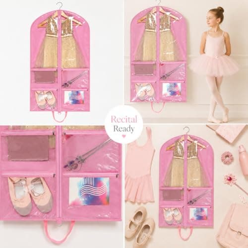 Dance Costume Garment Bag 40 Inch,Pink Hanging Ballet Recital Tutu Dress Cover,Foldable Dance Clothes Carrier for Shoes Tights Leotard Accessories, Girls Women Competition Travel Suit Bag — view 4