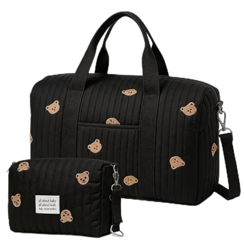Gonggi Large Baby Changing & Hospital Maternity Bag, Cotton Mommy Diaper Tote Bags with Embroidery Large Capacity Multiple Soft Nappy Bag Lightweight Travel Duffel Bags with Shoulder Strap (Black-B)